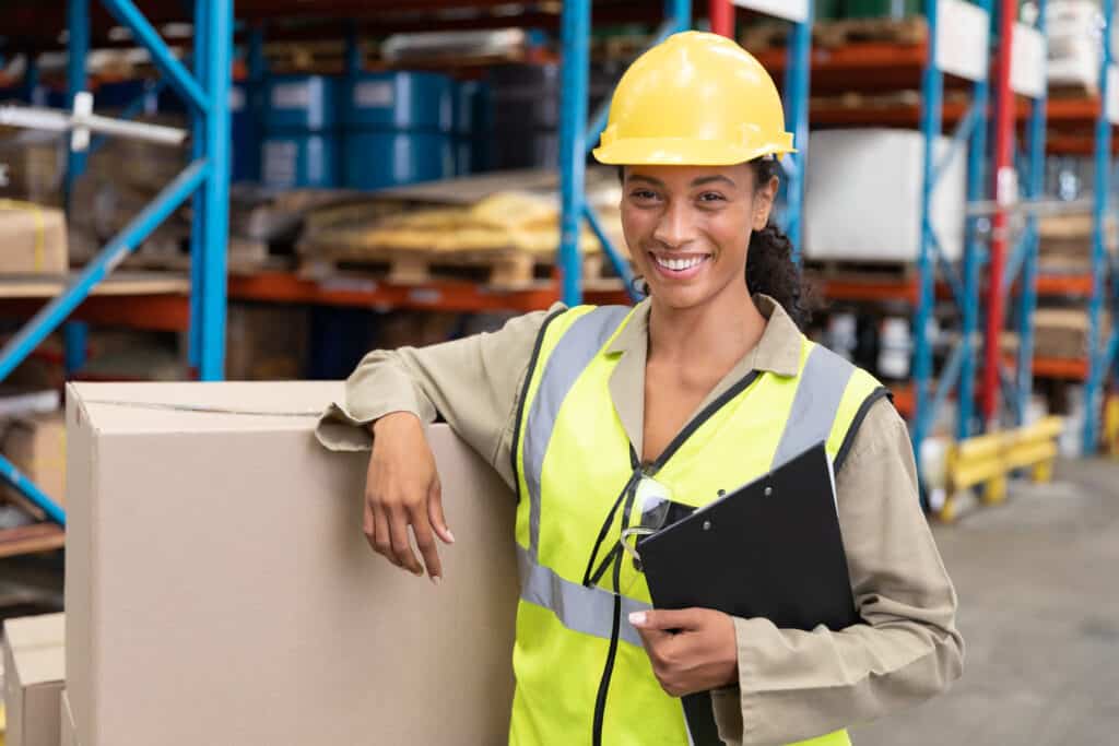 Female staff smiling while standing in warehouse